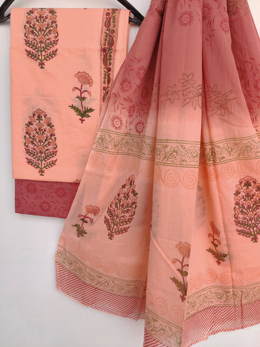 Hand Block Printed Cotton Suit With Mulmul Cotton Dupatta