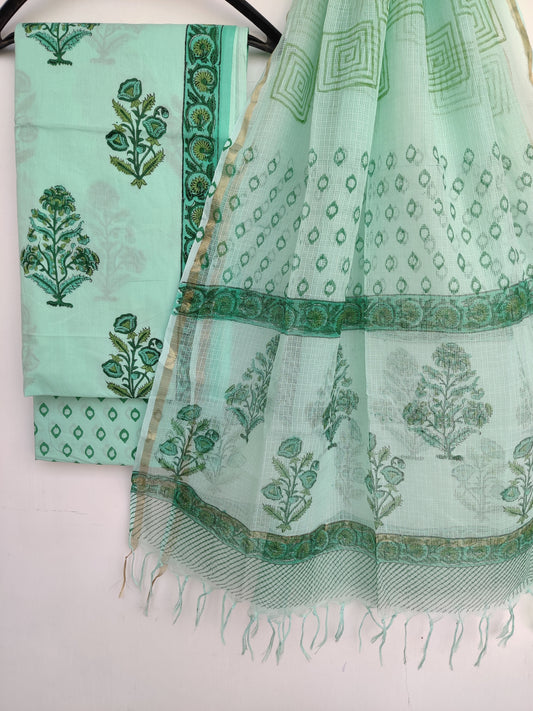 Hand Block Printed Cotton Suit with Cotton Kota Doria dupatta