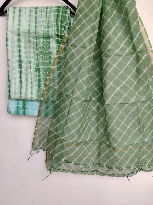 SHIBORI PRINTED COTTON SUIT WITH LEHRIYA KOTA DORIA DUPATTA