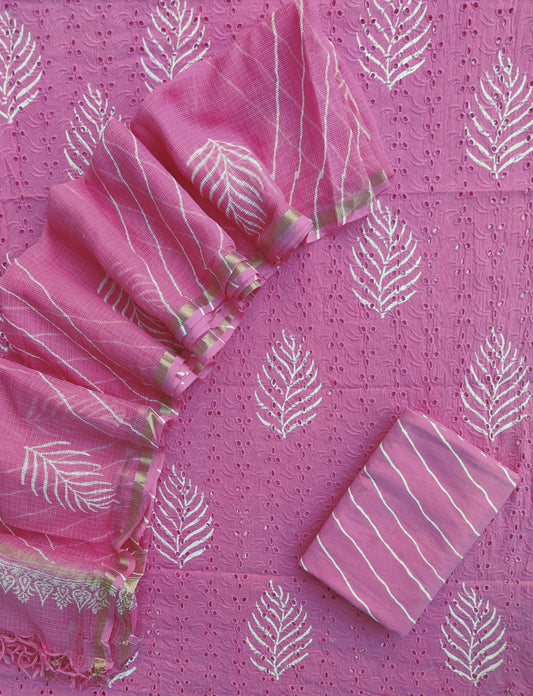Hand Block Printed Cotton Schiffli Suit with Kota Doria Dupatta