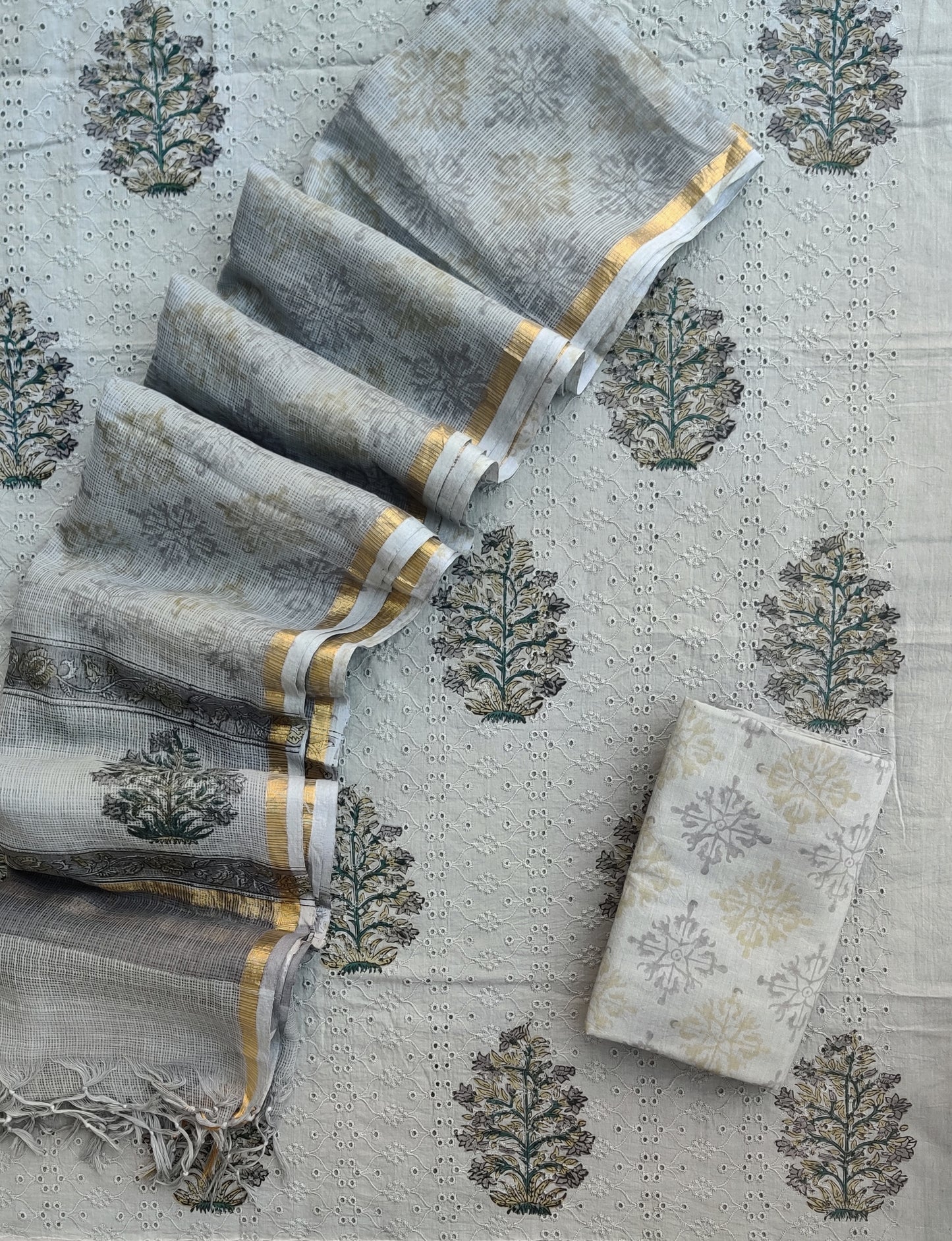 Hand Block Printed Cotton Schiffli Suit with Kota Doria Dupatta