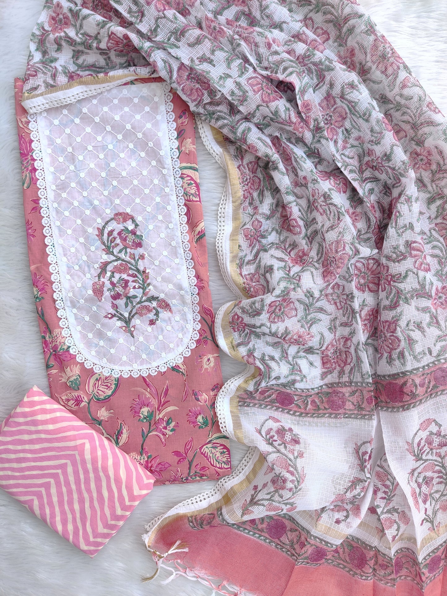 (SALE) HANDBLOCK PRINTED BOOTA PRINT WORK SUITS WITH KOTA DORIA DUPATTA