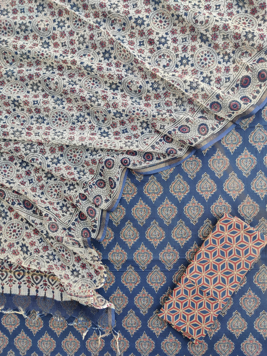 Ajrakh Printed Cotton Suit with Cotton Kota Doria dupatta