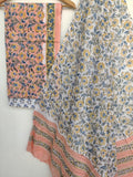 Hand Block Printed Unstitched Cotton Suit with Mulmul Dupatta