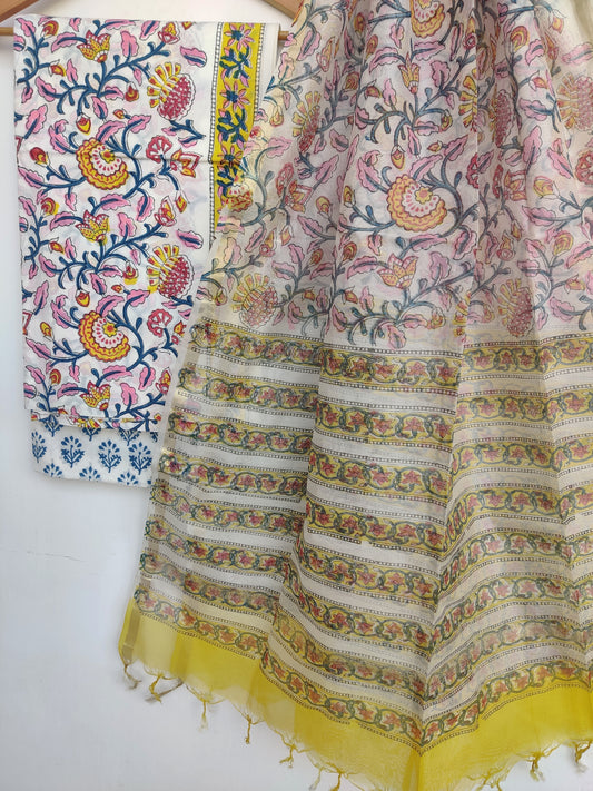 (SALE) Hand Block Printed Cotton Suit with Chanderi Dupatta