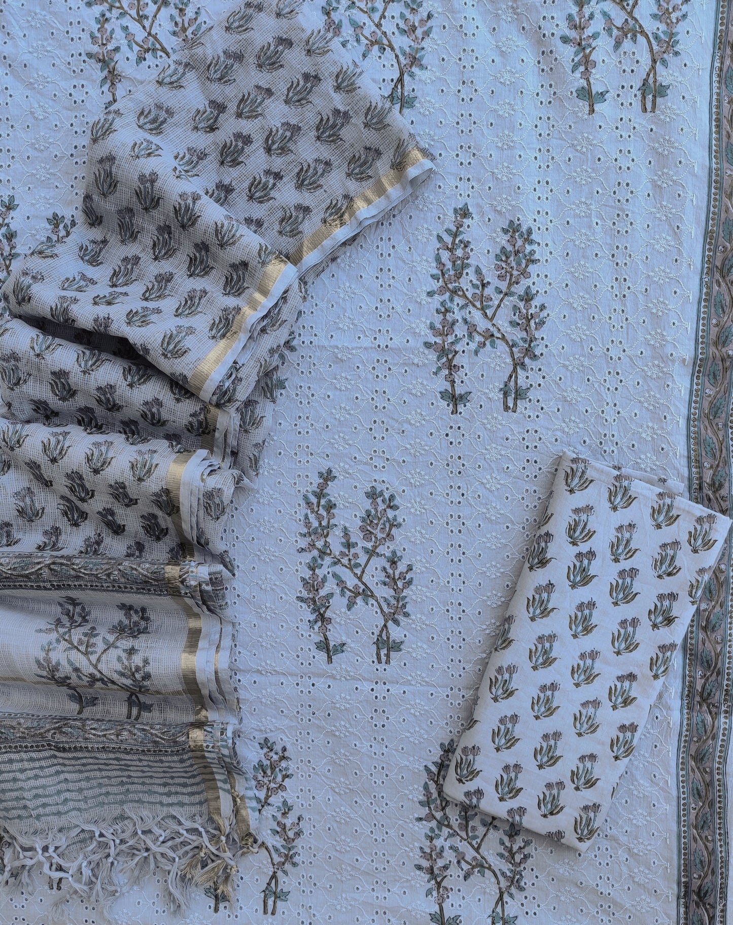 Hand Block Printed Cotton Schiffli Suit with Kota Doria Dupatta