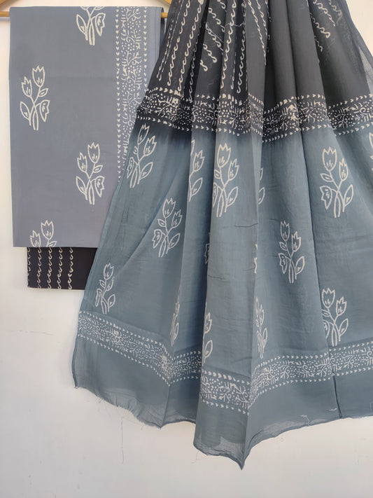 Hand Block Printed Cotton Suit With Mulmul Cotton Dupatta