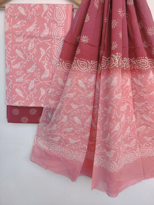 Hand Block Printed Cotton Suit With Mulmul Cotton Dupatta