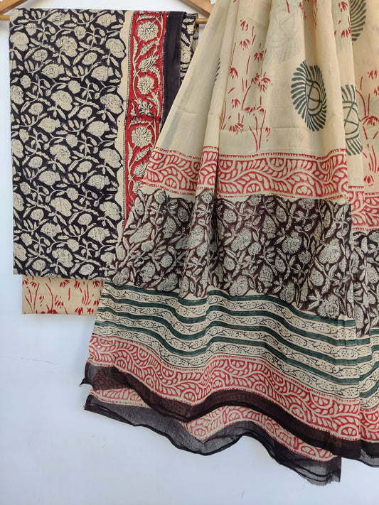 (KALAMKARI) Hand Block Printed Cotton Suit With Mulmul Cotton Dupatta