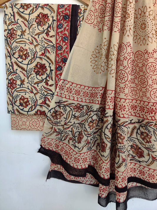 (KALAMKARI) Hand Block Printed Cotton Suit With Mulmul Cotton Dupatta