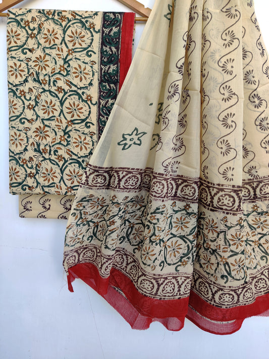(KALAMKARI) Hand Block Printed Cotton Suit With Mulmul Cotton Dupatta