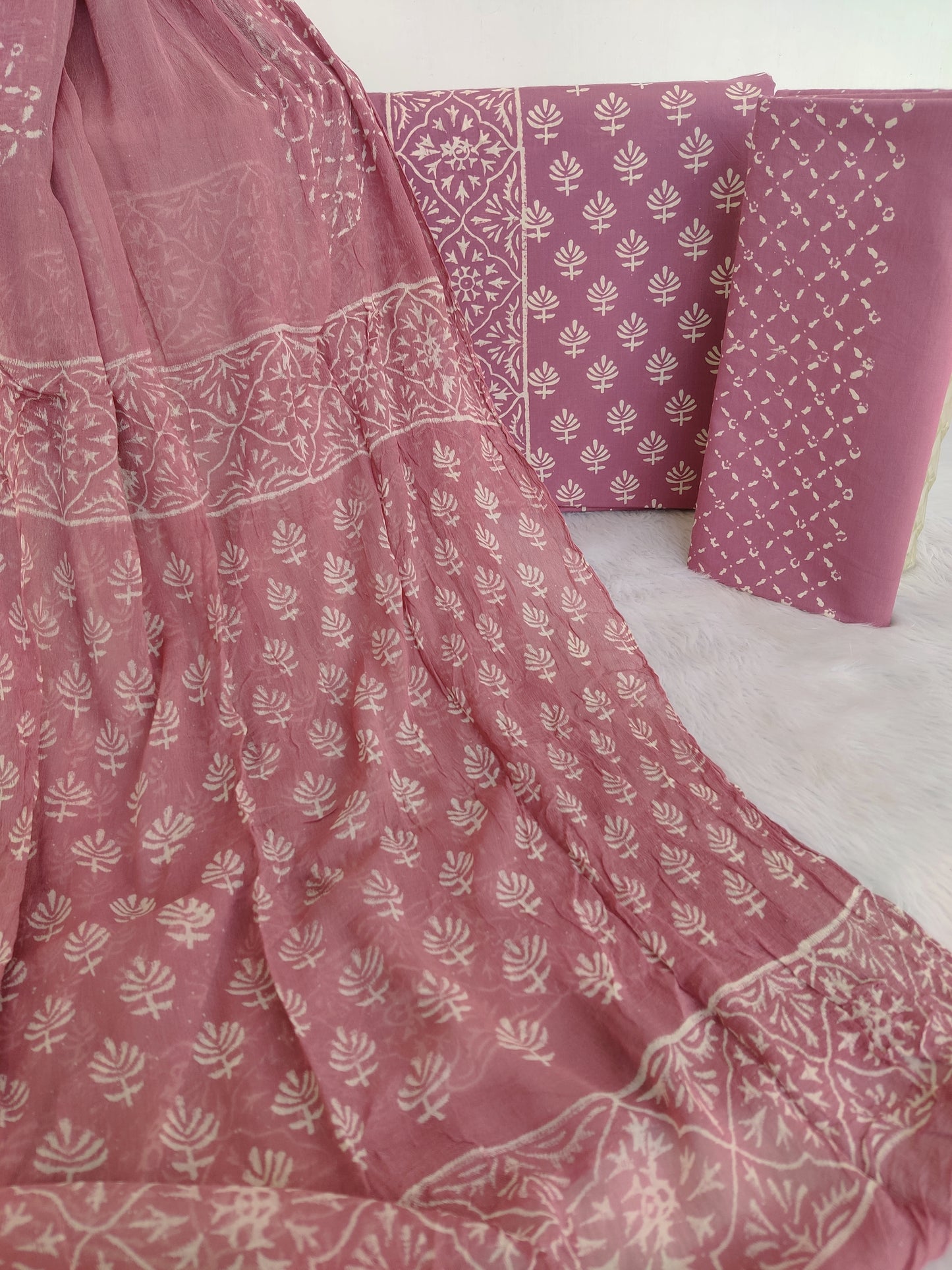 HAND BLOCK PRINTED COTTON SUIT WITH PURE CHIFFON DUPATTA