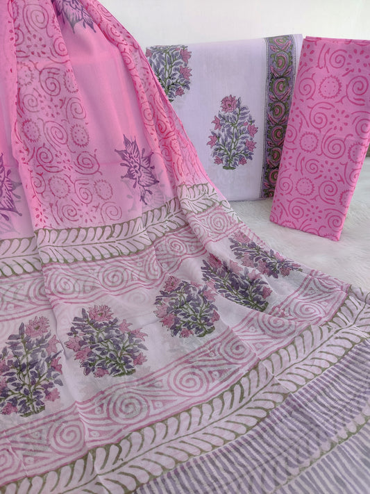 HAND BLOCK PRINTED COTTON SUIT WITH PURE CHIFFON DUPATTA