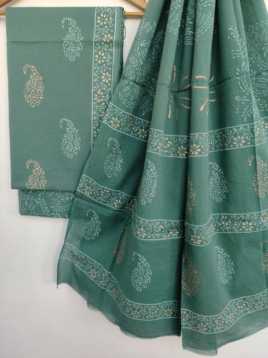 Hand Block Printed Cotton Suit With Mulmul Cotton Dupatta