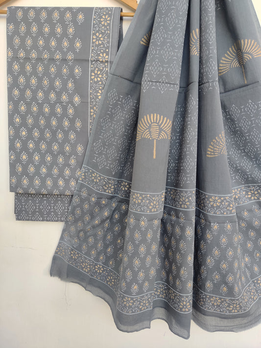Hand Block Printed Cotton Suit With Mulmul Cotton Dupatta