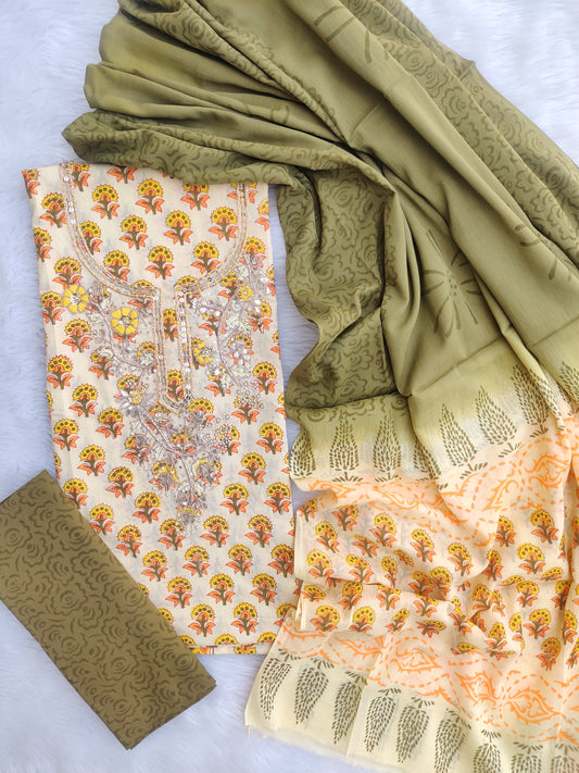 FLORAL PRINTED COTTON GOTA PATTI SUIT WITH COTTON DUPATTA