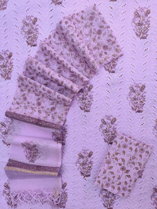 Hand Block Printed Cotton Schiffli Suit with Kota Doria Dupatta