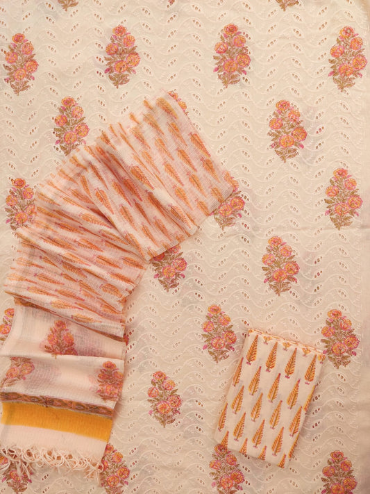 Hand Block Printed Cotton Schiffli Suit with Kota Doria Dupatta