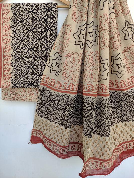 (KALAMKARI) Hand Block Printed Cotton Suit With Mulmul Cotton Dupatta