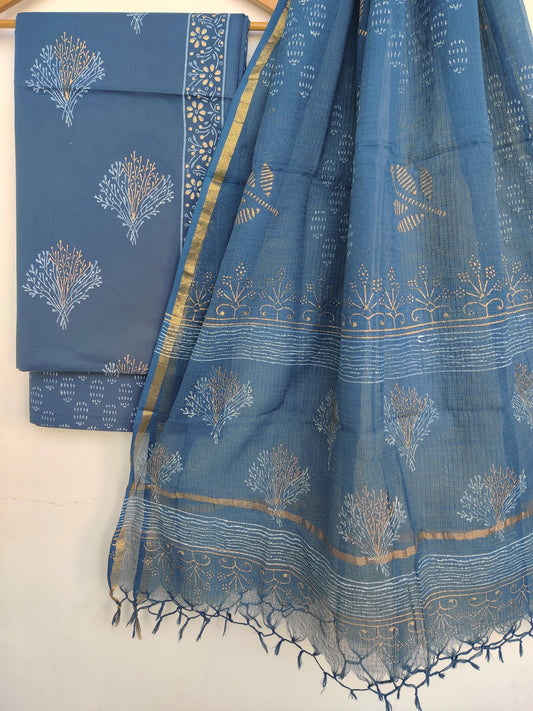 KHADI GOLD Hand Block Printed Cotton Suit with Cotton Kota Doria dupatta9