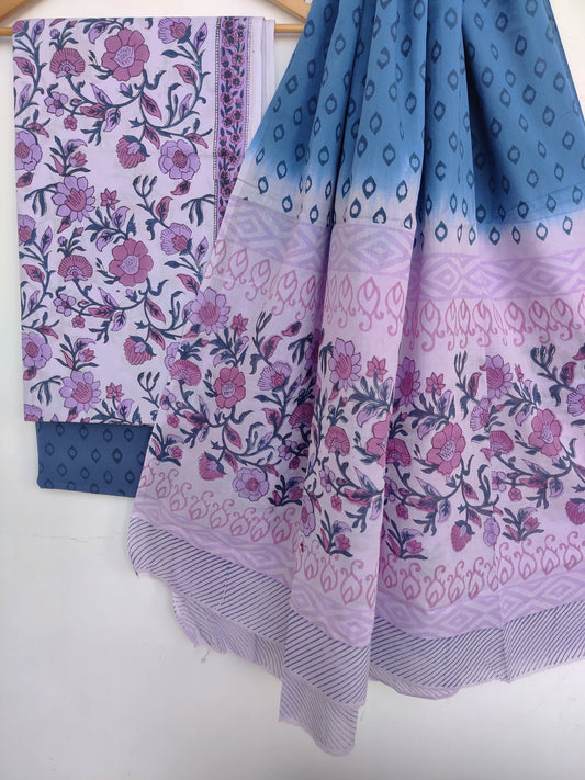 Hand Block Printed Cotton Suit With Mulmul Cotton Dupatta
