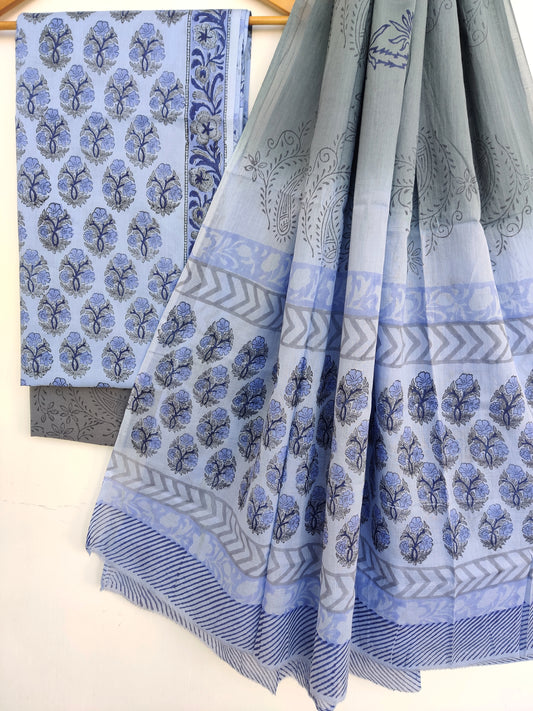Hand Block Printed Cotton Suit With Mulmul Cotton Dupatta
