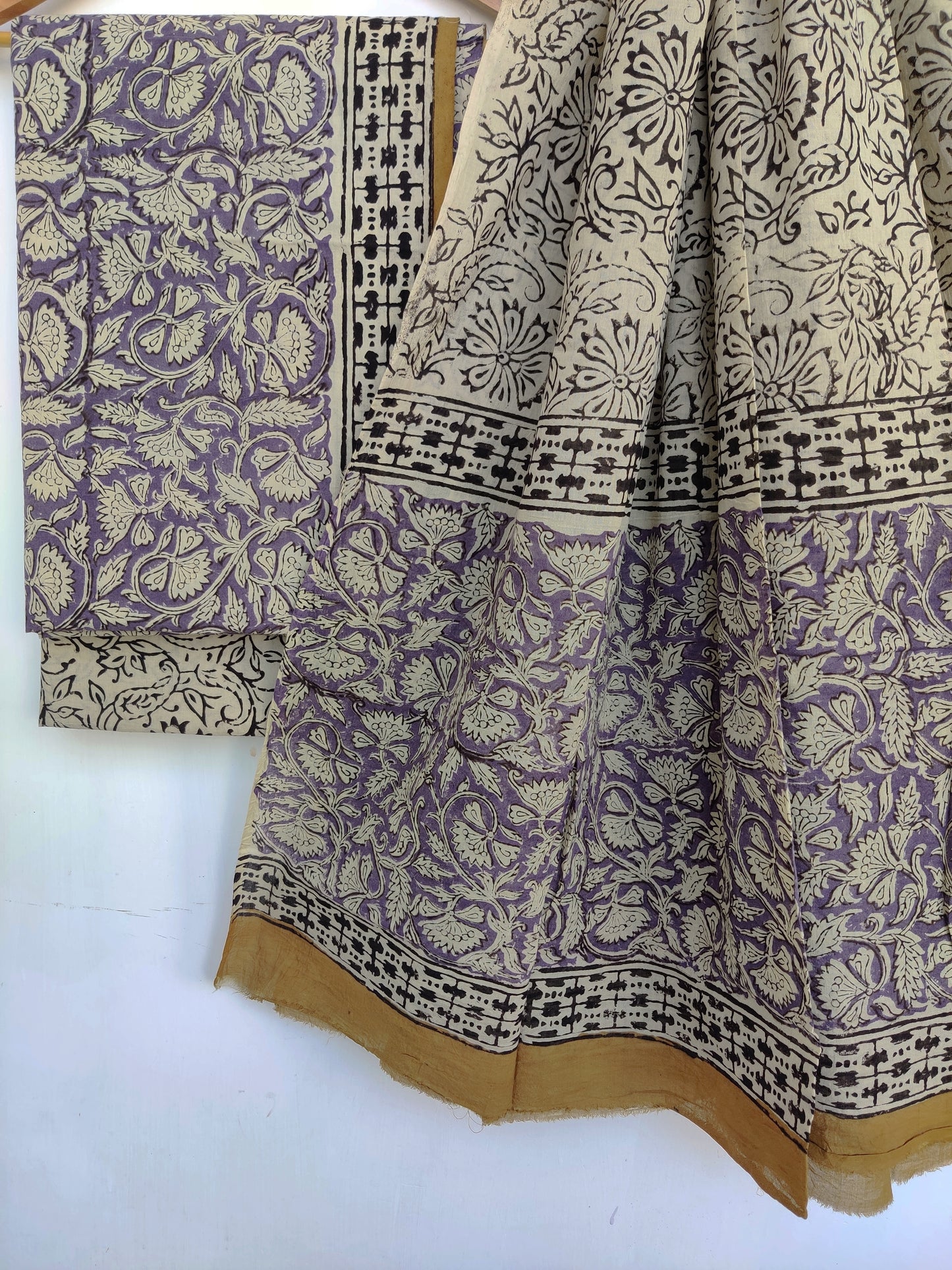 (KALAMKARI) Hand Block Printed Cotton Suit With Mulmul Cotton Dupatta