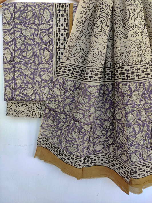 (KALAMKARI) Hand Block Printed Cotton Suit With Mulmul Cotton Dupatta