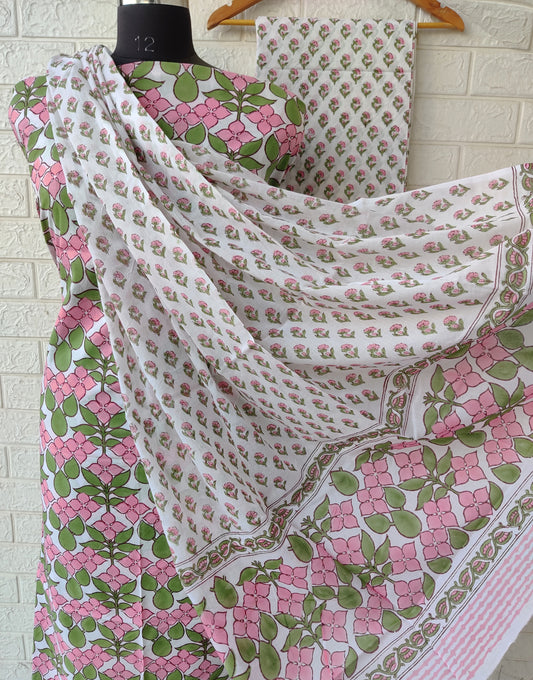 Hand Block Printed Cotton Suit With Mulmul Cotton Dupatta