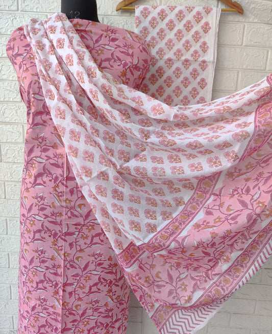 Hand Block Printed Cotton Suit With Mulmul Cotton Dupatta