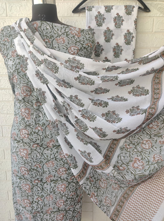 Hand Block Printed Cotton Suit With Mulmul Cotton Dupatta