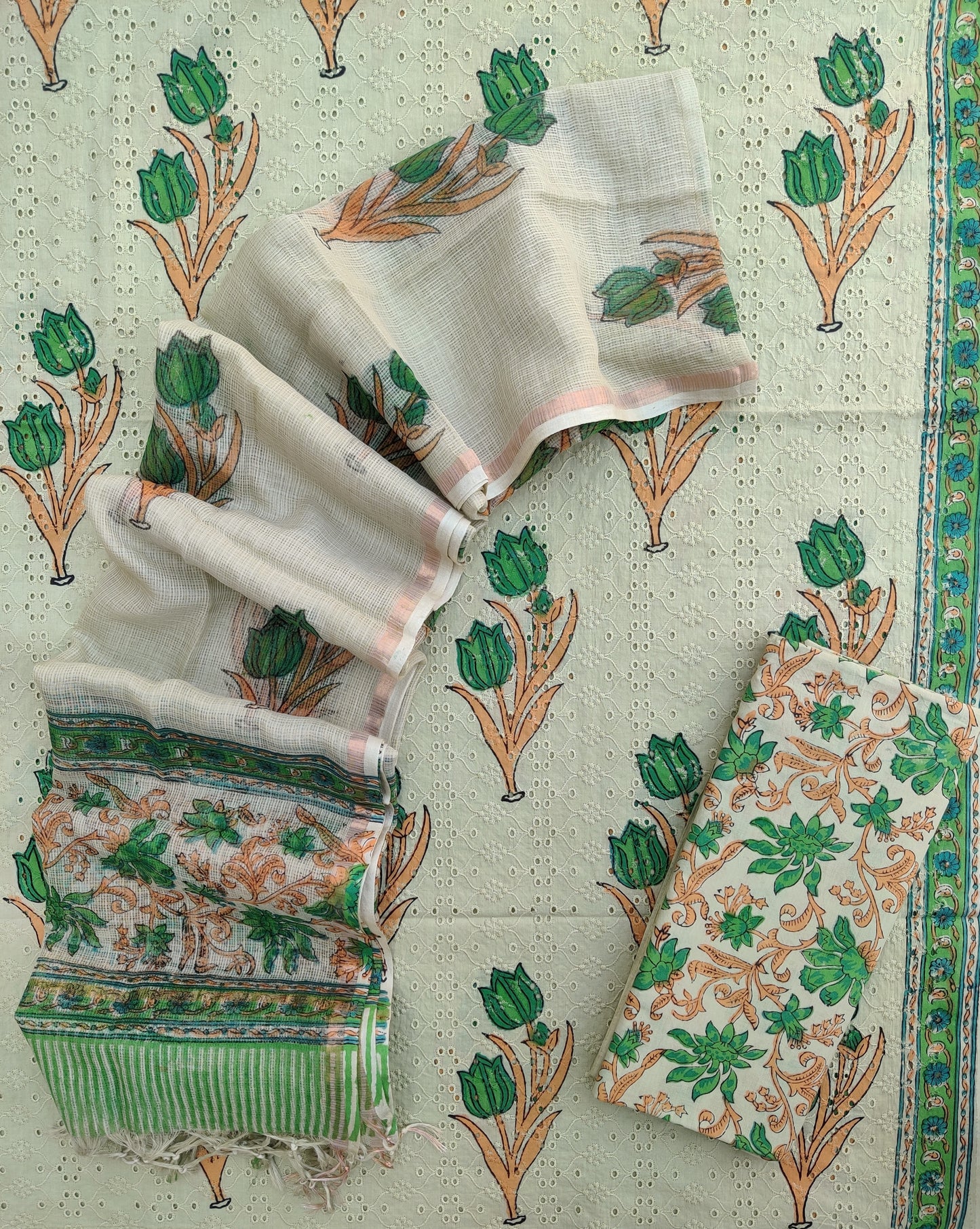 Hand Block Printed Cotton Schiffli Suit with Kota Doria Dupatta