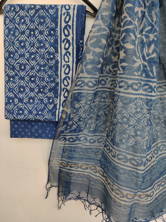 (INDIGO DABU) Hand Block Printed Cotton Suit with Cotton Kota Doria dupatta9