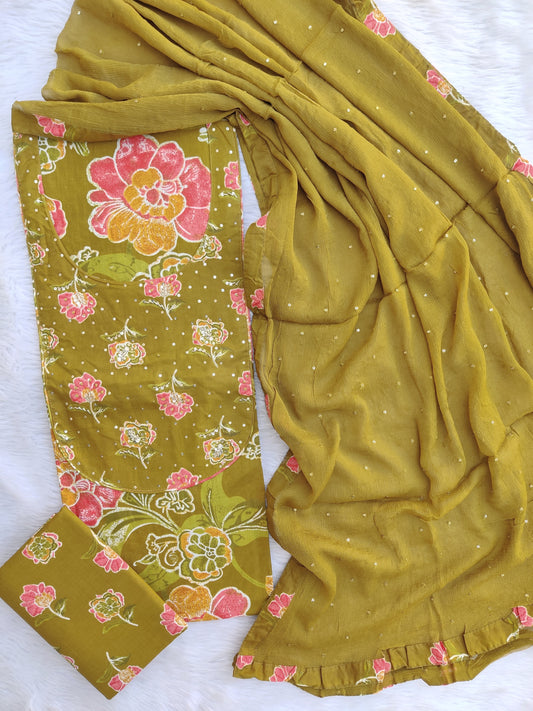 NEW LAUNCH                                    ELEGANT COTTON PRINTED NECK WORK SUIT SET WITH CHIFFON DUPATTA