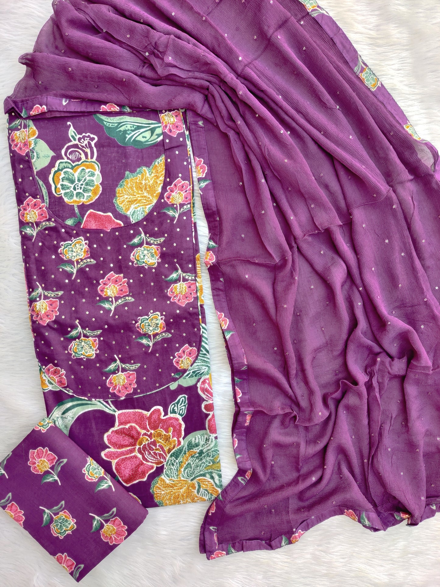 NEW LAUNCH                                    ELEGANT COTTON PRINTED NECK WORK SUIT SET WITH CHIFFON DUPATTA