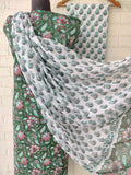 Hand Block Printed Unstitched Cotton Suit with Mulmul Dupatta