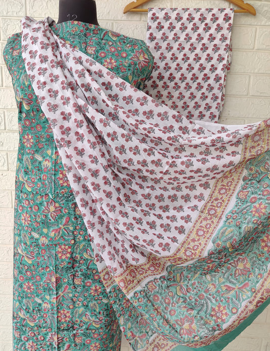 Hand Block Printed Unstitched Cotton Suit with Mulmul Dupatta