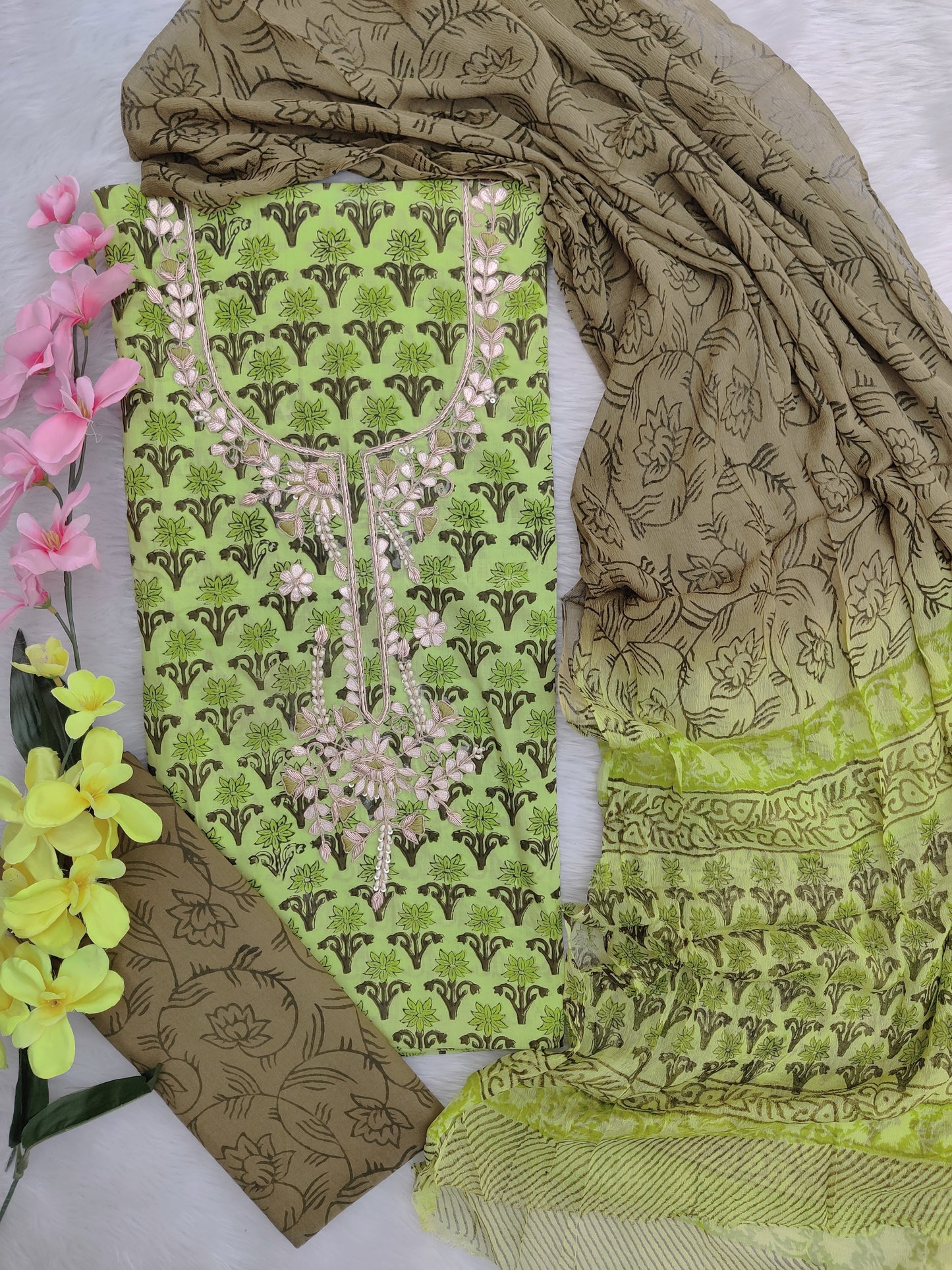 FLORAL PRINTED COTTON GOTA PATTI SUIT WITH CHIFFON DUPATTA