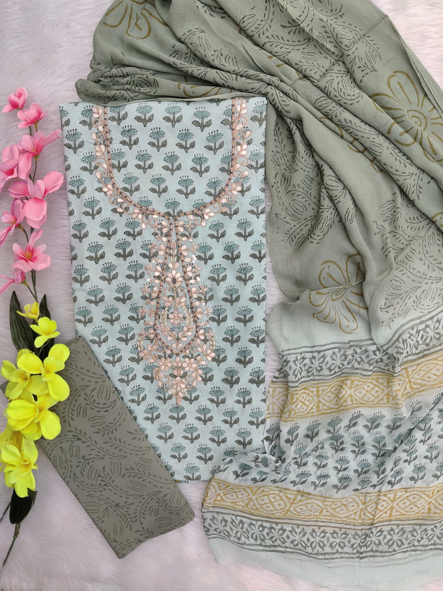 FLORAL PRINTED COTTON GOTA PATTI SUIT WITH CHIFFON DUPATTA