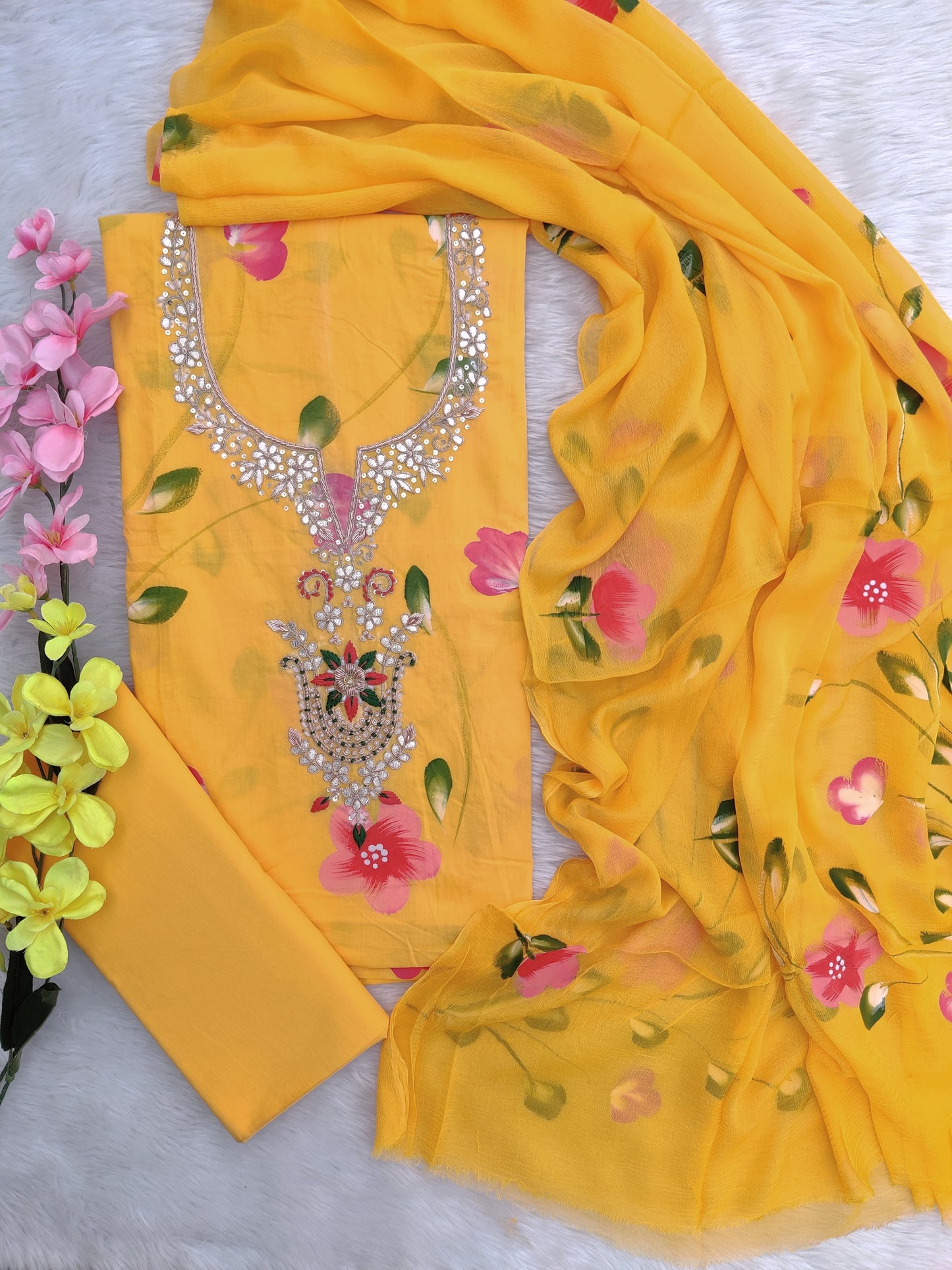 FLORAL PRINTED COTTON GOTA PATTI SUIT WITH CHIFFON DUPATTA