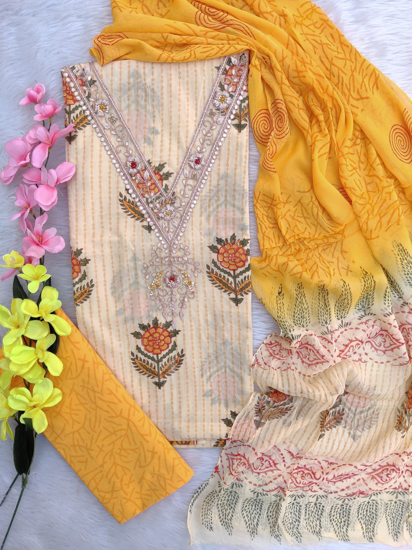 FLORAL PRINTED COTTON GOTA PATTI SUIT WITH CHIFFON DUPATTA