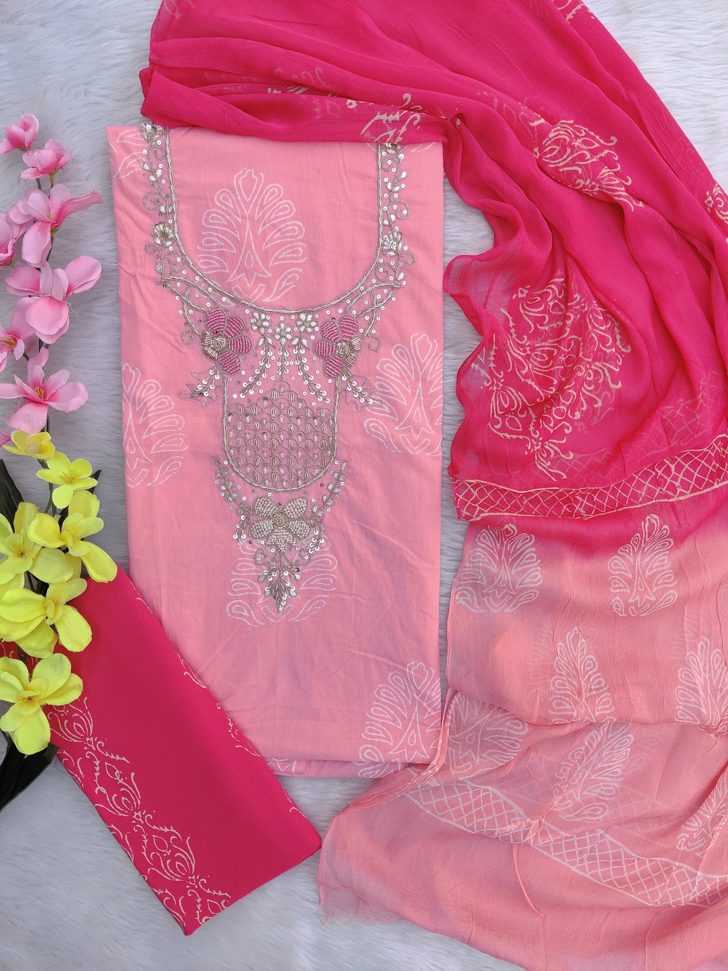 FLORAL PRINTED COTTON GOTA PATTI SUIT WITH CHIFFON DUPATTA