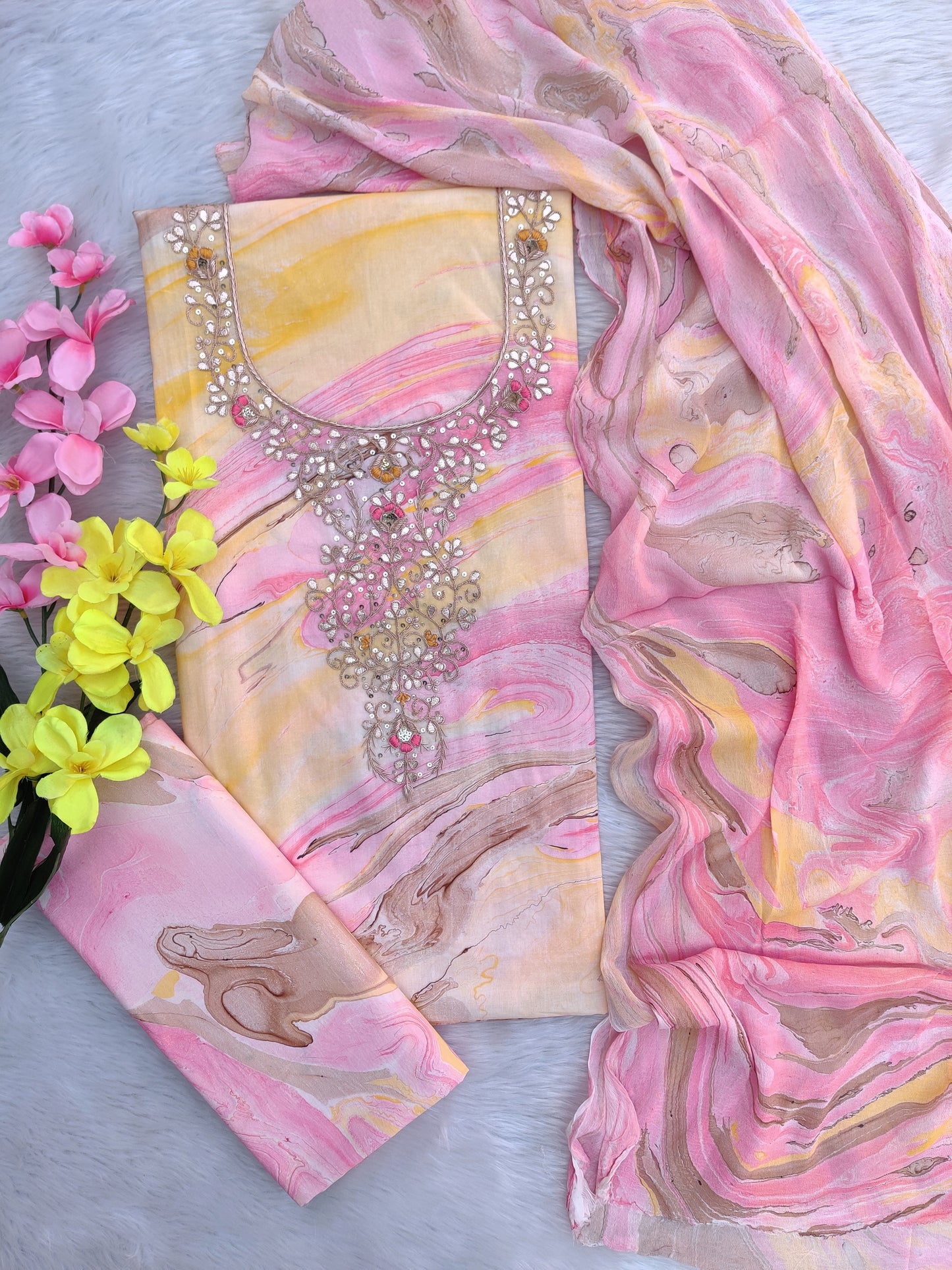 FLORAL PRINTED COTTON GOTA PATTI SUIT WITH CHIFFON DUPATTA