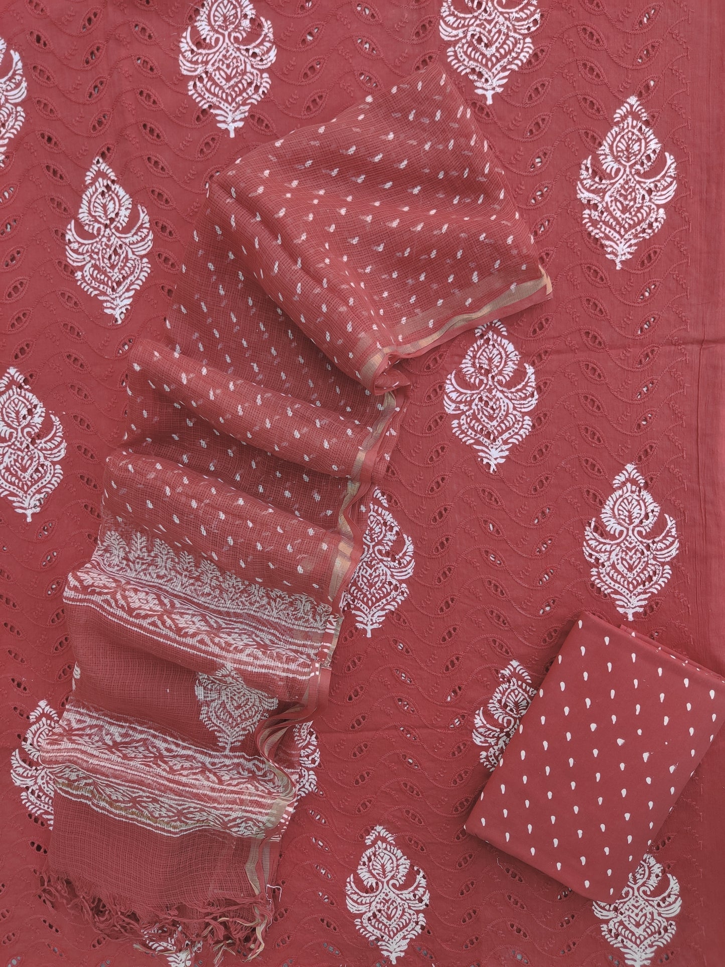 Hand Block Printed Cotton Schiffli Suit with Kota Doria Dupatta