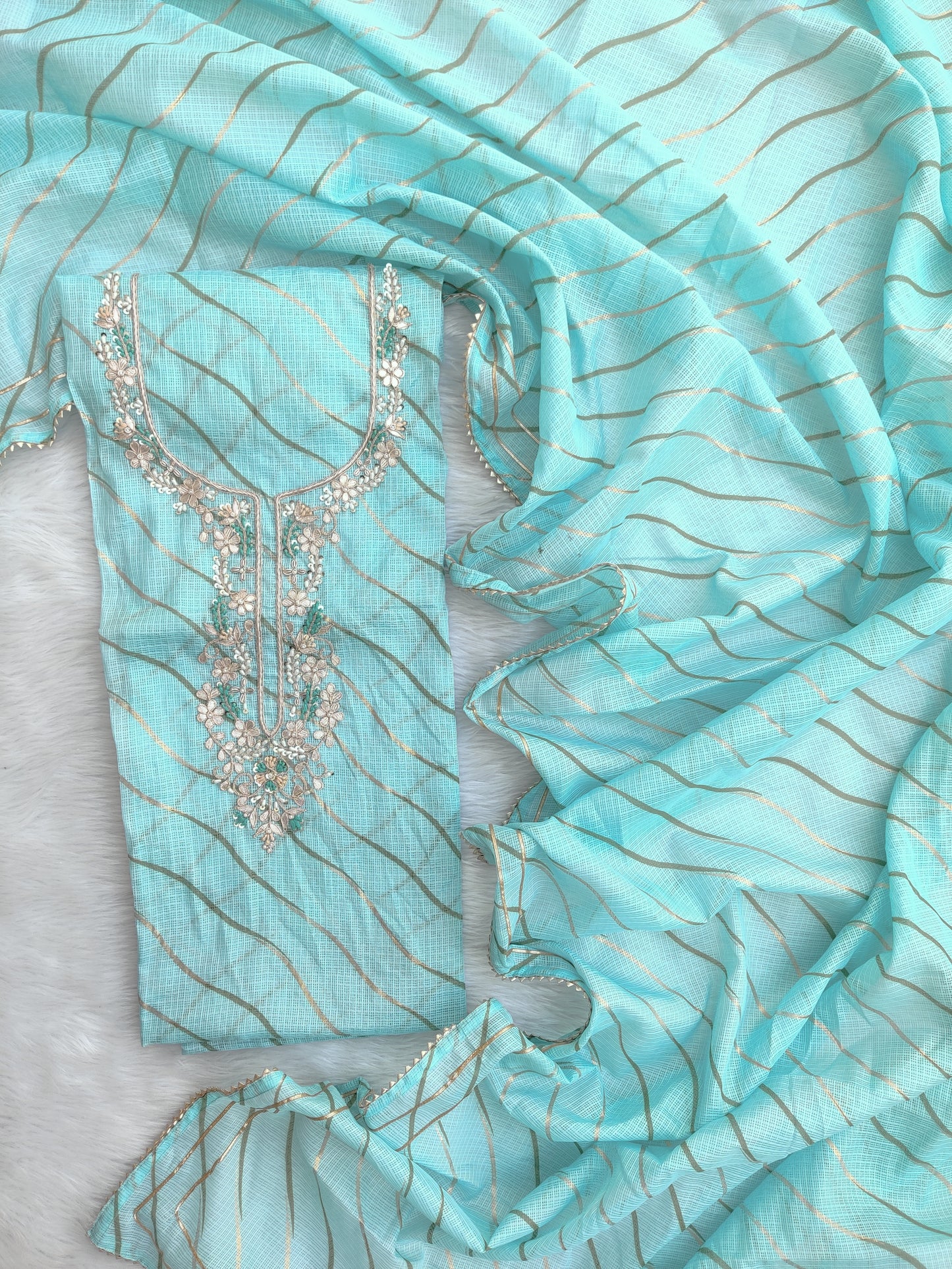 Kota Doria Gota Patti neck work Kurta with Kota Doria dupatta (NO BOTTOM)