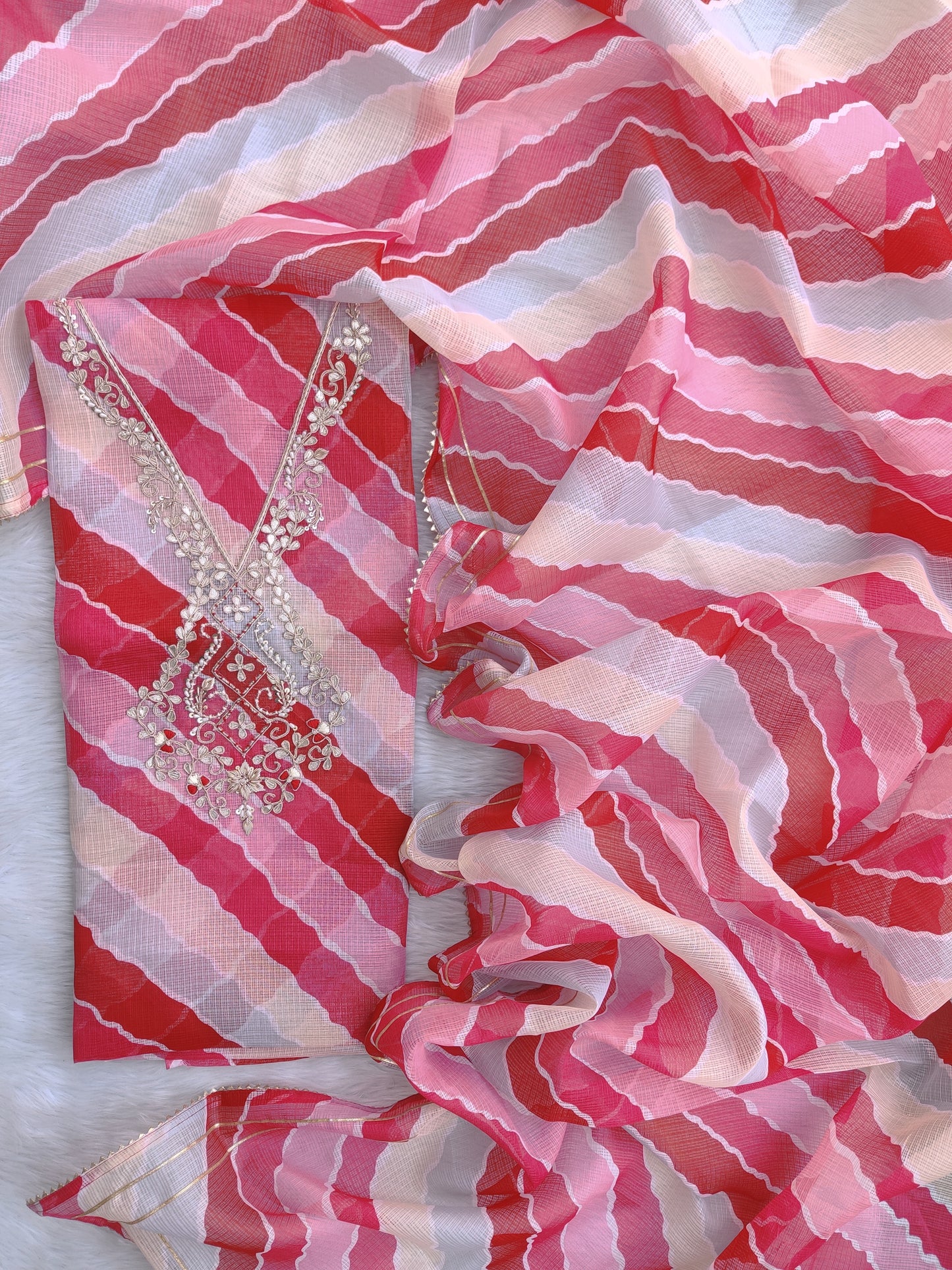 Kota Doria Gota Patti neck work Kurta with Kota Doria dupatta (NO BOTTOM)