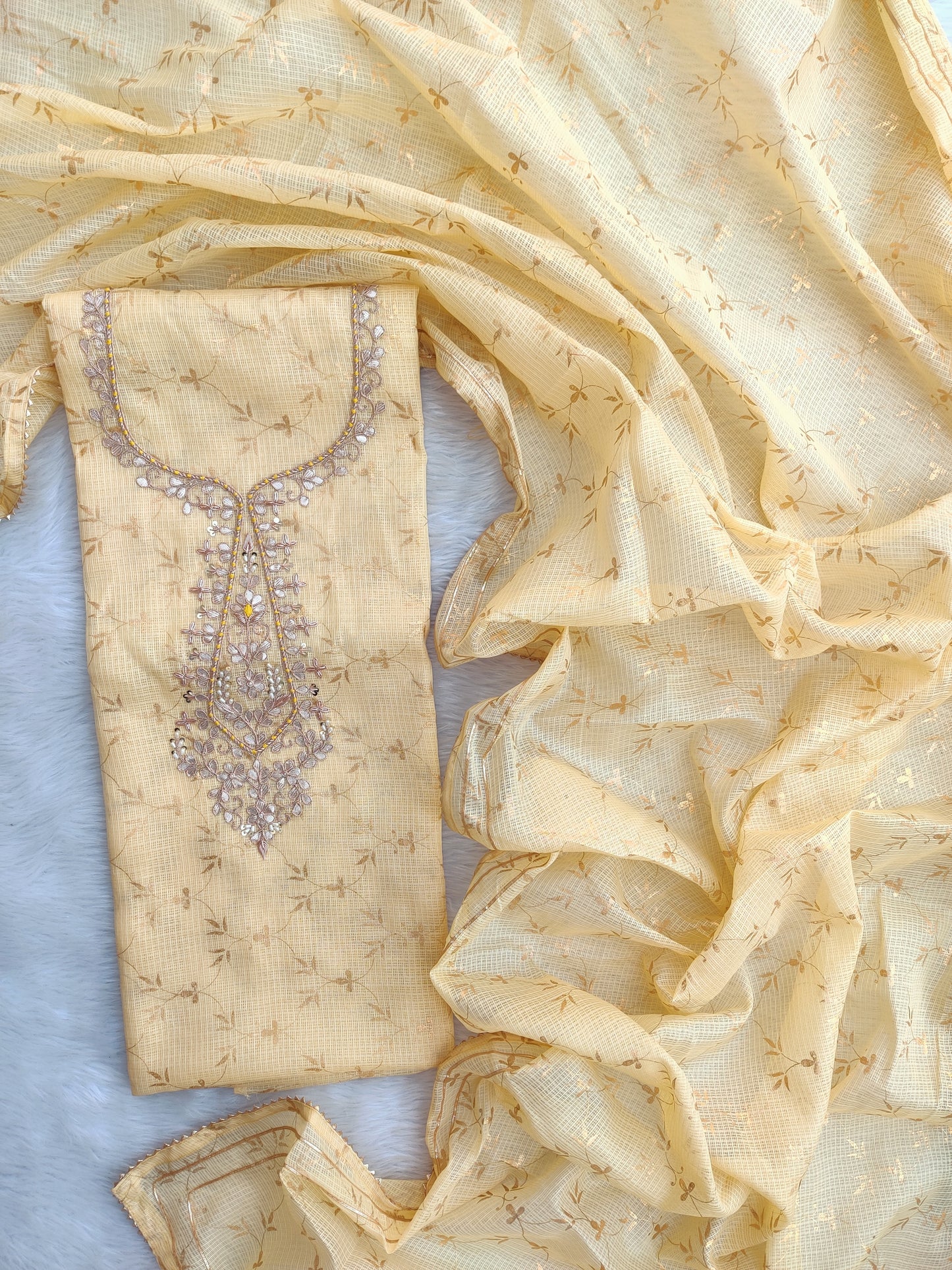 Kota Doria Gota Patti neck work Kurta with Kota Doria dupatta (NO BOTTOM)