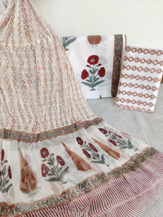 HAND BLOCK PRINTED COTTON SUIT WITH PURE CHIFFON DUPATTA