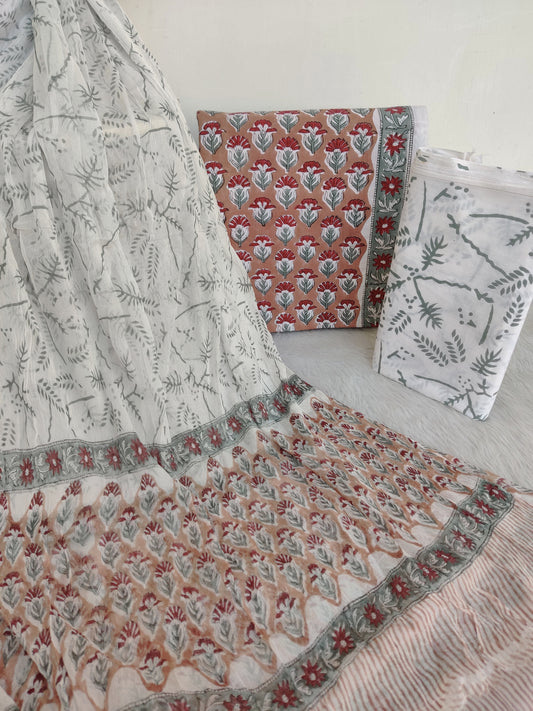 HAND BLOCK PRINTED COTTON SUIT WITH PURE CHIFFON DUPATTA