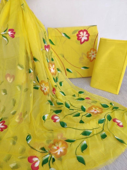 HAND PAINT COTTON SUIT WITH PURE CHIFFON DUPATTA